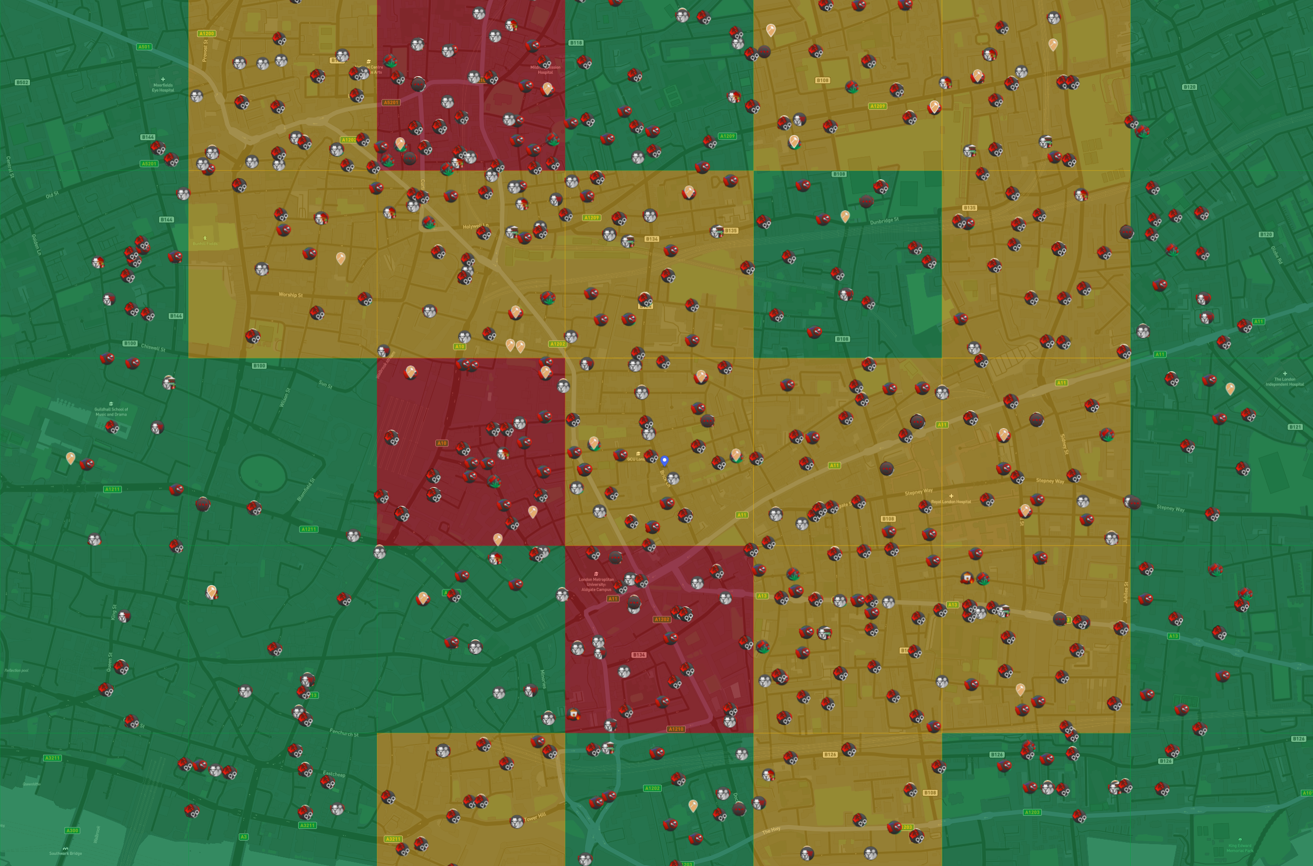 Crime-Eye interactive map showing crime heatmap, pins and area score